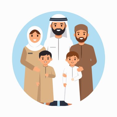 Geleneksel giysiler içinde gülümseyen yetişkinler ve çocuklardan oluşan bir aile.