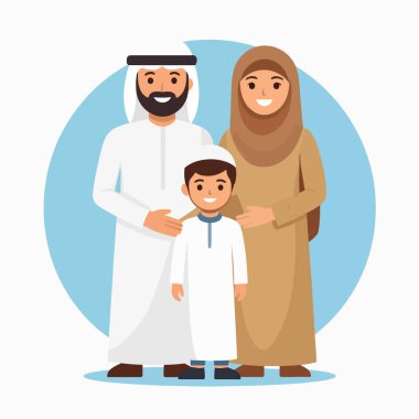 Aile portresi, geleneksel elbiseli bir baba ve oğulun birlikte gülümsediğini gösteriyor.