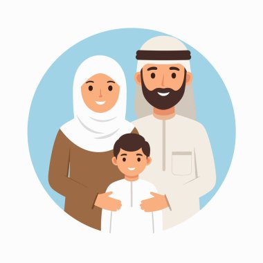 Yuvarlak mavi bir zeminde gülümseyen Müslüman bir anne ve çocuğun aile çizimi.