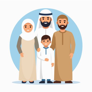 Geleneksel giyinmiş dört kişilik aile, yumuşak mavi bir arka plana karşı birlikte gülümsüyor.