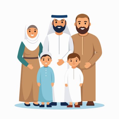 Geleneksel giysiler giyen Müslüman aileler ve çocuklar sıcak bir karşılama sahnesinde birlikte poz verdiler.