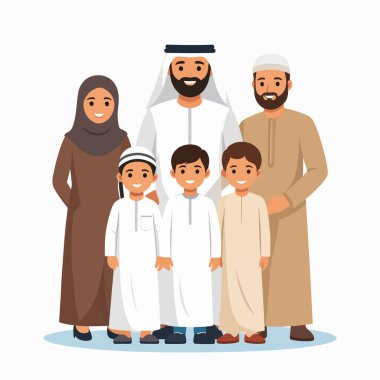 Geleneksel kıyafetli Müslüman aile, sıcak bir grup portresi için ev ortamında poz veriyor.