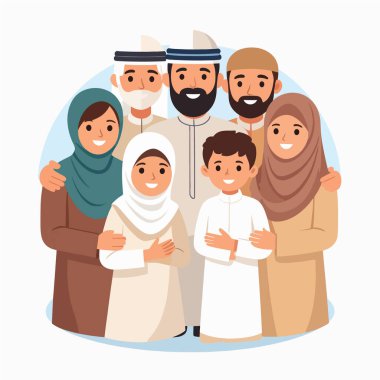 Aile portresi, çeşitli Müslüman bir ailenin samimi bir şekilde gülümsediğini gösteriyor.