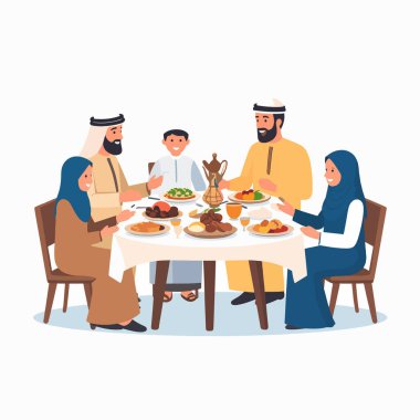 Aile sahnesi, çeşitli yemekler ve sıcak sohbetlerle dolu yuvarlak bir masada yemek yiyen Orta Doğulu bir aileyi gösteriyor.