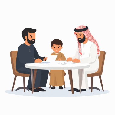 ArabFamily yuvarlak bir masada oturuyor ve sakin ve saygılı bir ortamda evrakları imzalıyor.
