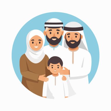 Arap aile çizimleri tesettürlü bir anneyi gösteriyor. İki sakallı adam ve bir çocuk mavi bir dairenin önünde.