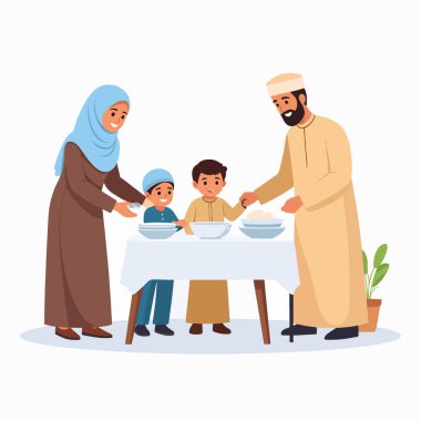 Arap anne ve babası bir masada iki çocukla yemek yiyorlar.