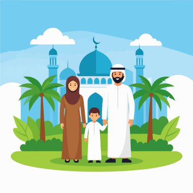 Aile ve çocuk güneşli bir bahçedeki bir caminin önünde dururlar.