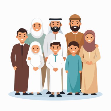 Geleneksel Orta Doğu kıyafeti giymiş aile grubu neşeli bir portrede birlikte poz veriyorlar.