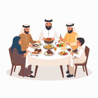 Arap ailesi evde geleneksel yemeklerle yuvarlak bir masada yemek yiyor.