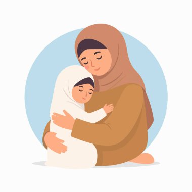 Anne ve çocuk, yumuşak mavi bir arka planda şefkatle sarılıyorlar.