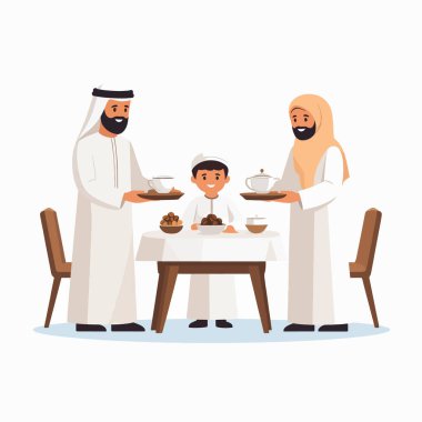 Aile sıcak bir akşam yemeğini bir çocuk ve anne babayla paylaşıyor.