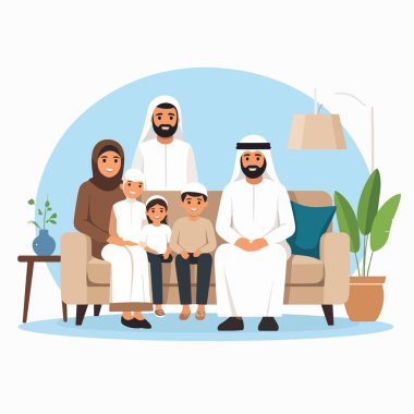 Aile portresi, parlak bir oturma odasındaki koltukta oturan çok nesilli bir Orta Doğulu aileyi gösteriyor.