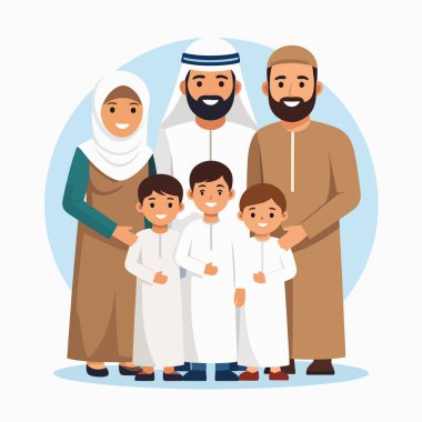 Geleneksel giysiler içinde çok nesilli bir Arap ailenin kapalı mekanda poz verişini gösteren aile fotoğrafı.