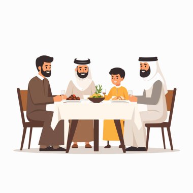 Aile bir masada oturup sıcak bir yemek sahnesinde yemek yer.