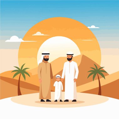 Aile, sıcak bir günbatımının altında palmiye ağaçlarıyla çölde bir arada duruyor.