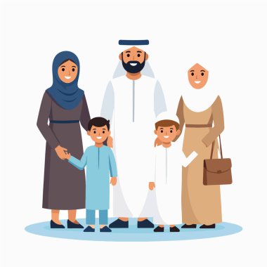 Geleneksel giysiler içinde Müslüman ebeveynlerin ve çocukların aileleri, temiz bir vektör çizimi ile birlikte poz verdiler.