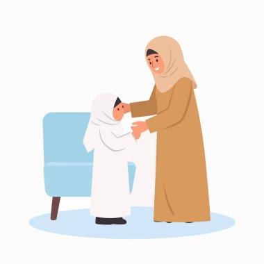 Aile sahnesinde tesettürlü bir anne bir çocuğa nazikçe rehberlik ediyor.