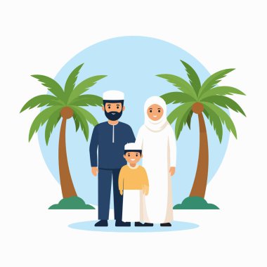 Müslüman aile, aile mirası ve kültür temalarına uygun stilize bir illüstrasyonda palmiye ağaçlarıyla güneşli bir sahnede bir arada duruyor.