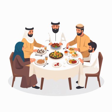 Yuvarlak bir masanın etrafında toplanıp geleneksel kıyafetlerle bir yemek yiyoruz.