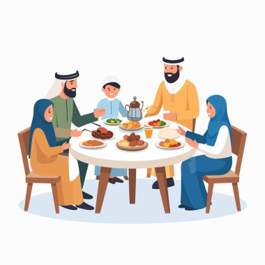 Masanın etrafında aile yemeği. Sıcak bir ev ortamında gülümseyen üyelerle tabakları paylaşmak.