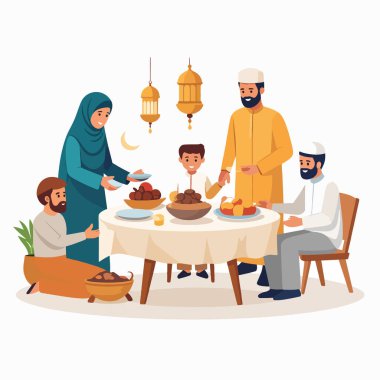 Ramazan ailesi evde sıcak bir iftar için toplanıyor. Beraberlik ve paylaşımı gösteriyor.