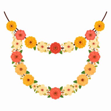 Üzerinde sarı pembe ve krema çiçekleri olan çiçek desenli kolye beyaz arka planda.