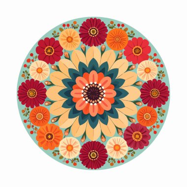 Çiçek mandala dairesi, deniz mavisi arka planında canlı taç yaprakları.