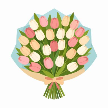 Pastel renkte laleler, pembe beyaz çiçekler ve yeşil yapraklar.