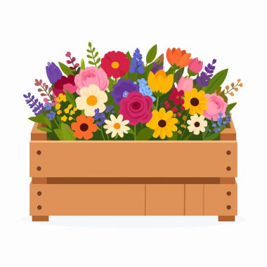 Kırsal ahşap bir sandıkta çiçek açan çiçek aranjmanı.