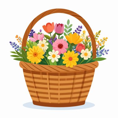 Işıl ışıl bahar çiçekleriyle dolu çiçek sepeti büyüleyici bir resimde