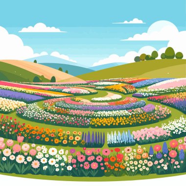 Çiçek tarlaları parlak mavi bir gökyüzünün altındaki yuvarlak tepelerde renkli çiçeklerle dolanıyor. Bu resimde canlı bir bahçe manzarası görülüyor.