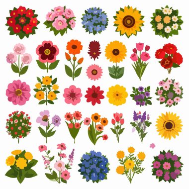Canlı bir vektör kolajı olarak düzenlenmiş parlak çiçeklerin çiçek koleksiyonu