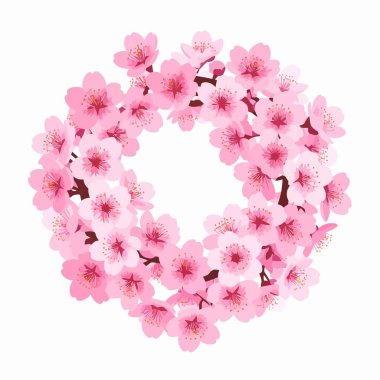 Kiraz çiçeği beyaz arkaplanda pembe çiçeklerden oluşan dairesel bir çerçeve gösterir