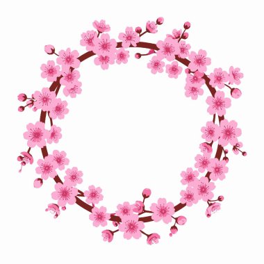 Beyaz bir merkezin etrafına dizilmiş kiraz çiçeği dairesel çelengi.