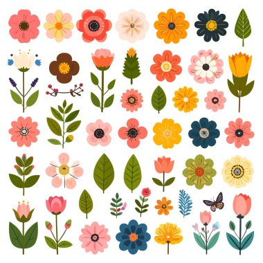 Renkli çiçekleri ve yaprakları tekrar eden bir ızgarada gösteren çiçek deseni çizimi