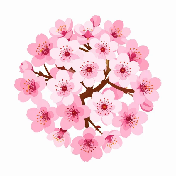 Sakura kiraz çiçeği çemberi. Kahverengi dalların üzerinde yumuşak pembe yapraklar var. Hassas bir vektör tarzında.