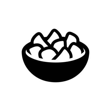 Beyaz arka planda patlamış mısır kasesi simgesi patlamış mısırla dolu basit bir siyah siluet gösteriyor.