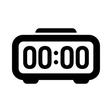 Saat simgesi, modern görünüş için gece yarısı ayarlanmış minimalist bir çalar saat siluetini tasvir ediyor