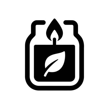 Minimalist siyah bir siluette bir yaprak etiketini gösteren eko mum simgesi