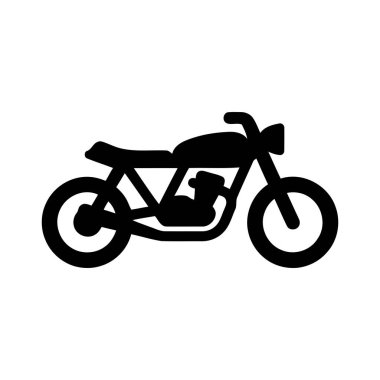 Motosiklet siyah siluet grafiği beyaz arkaplanda izole edilmiş, nakliye ve yolculuk temalı tasarımlar için basit çizgiler var.