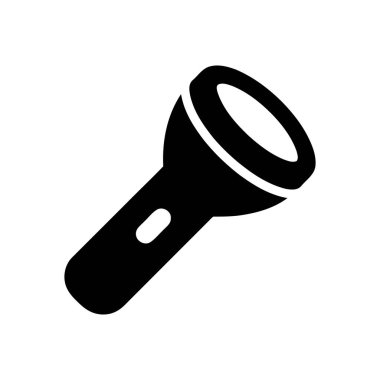 Taşınabilir ışıklandırma cihazını tasvir eden beyaz arkaplandaki siyah el feneri simgesi, acil durumlar ve açık hava aktiviteleri için temel bir araçtır