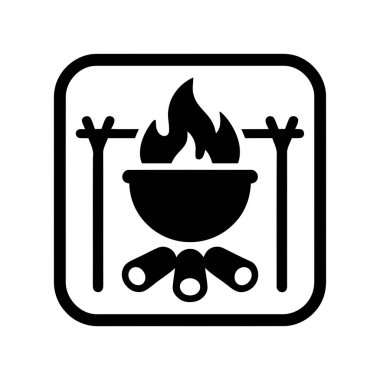 Kamp ateşi tenceresi alevlerle betimlenmiştir. Bu basit siyah beyaz ikon açık hava ve kamp temaları için mükemmeldir.