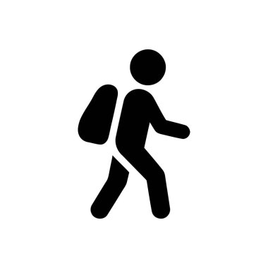 Beyaz arkaplanda basit bir grafik siluet simgesi olarak gösterilen bir sırt çantasıyla yürüyen kişi