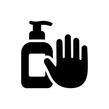 Dezenfektan şişesi ve kaldırılmış el simgesi hijyen ve güvenlik sinyalleri veriyor.