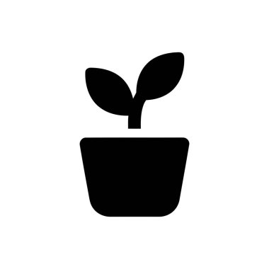 Büyümeyi ve doğayı temsil eden minimalist siyah bir siluet simgesi olarak tasvir edilen bir çömlekte filizlenen bitki.