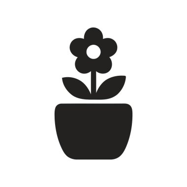 Bir saksının içindeki çiçek, iki yaprakla birlikte siyah renkte, temiz beyaz bir arkaplanda resmedilir.