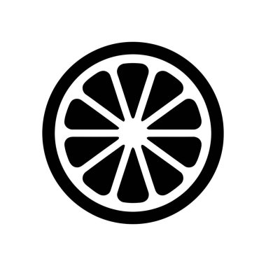 Beyaz zemin üzerinde temiz siyah ve beyaz vektör biçimi oluşturulmuş dairesel anahatlı ikon turunçgil dilimi