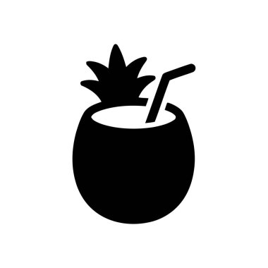 Beyaz arka planda izole edilmiş tropikal bir kokteyl ikonunu temsil eden samanla hindistan cevizi içeceği silueti.