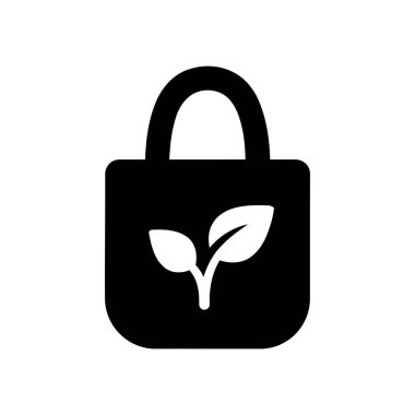 Çevre dostu siyah alışveriş torbası ikonu sürdürülebilirliği simgeleyen iki yeşil bitki yaprağına sahip